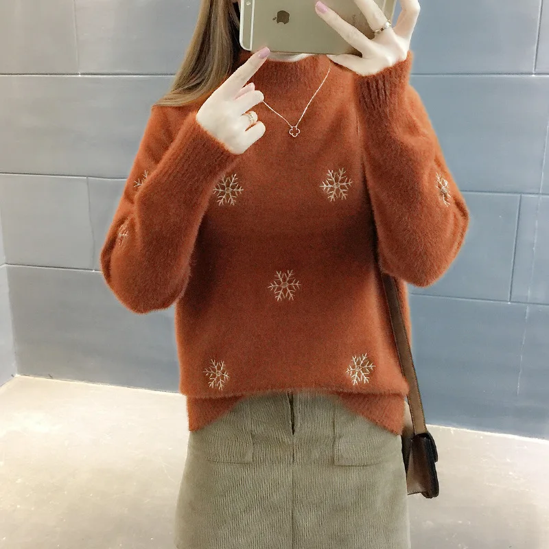 

Turtleneck Sweater Women Pullover 2021 Snowflake Embroidery Cashmere Sweater Solid Winter Clothes Female Loose Casual Sweaters