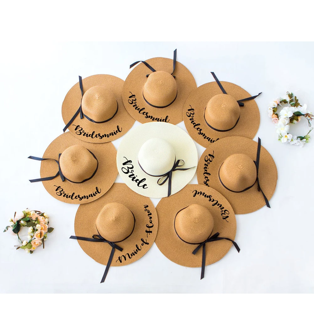 

Головной убор с черной лентой для медового месяца, пляжная шляпа с широкими полями для летней вечеринки, подарок для девичника