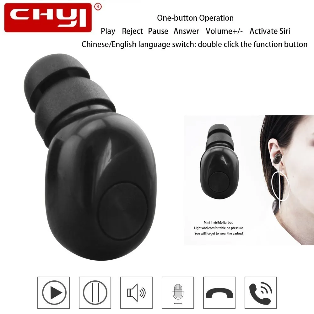 

CHYI Mini Wireless Earphone Black Portable Bluetooth Headphones In-ear Sports Music Headset Invisible Earbuds For Smartphones PC