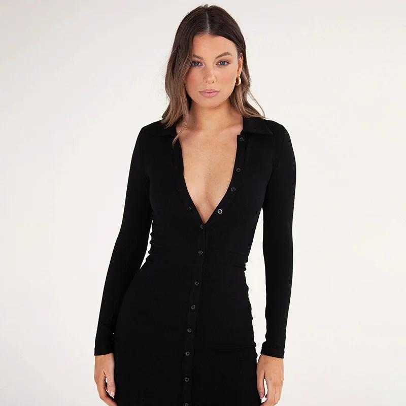 

2021Long Sleeve Party Dresses Women Button Knitted Ankle-Length V-Neck Skinny Autumn Sexy Dresses Women Cotton Split Hem