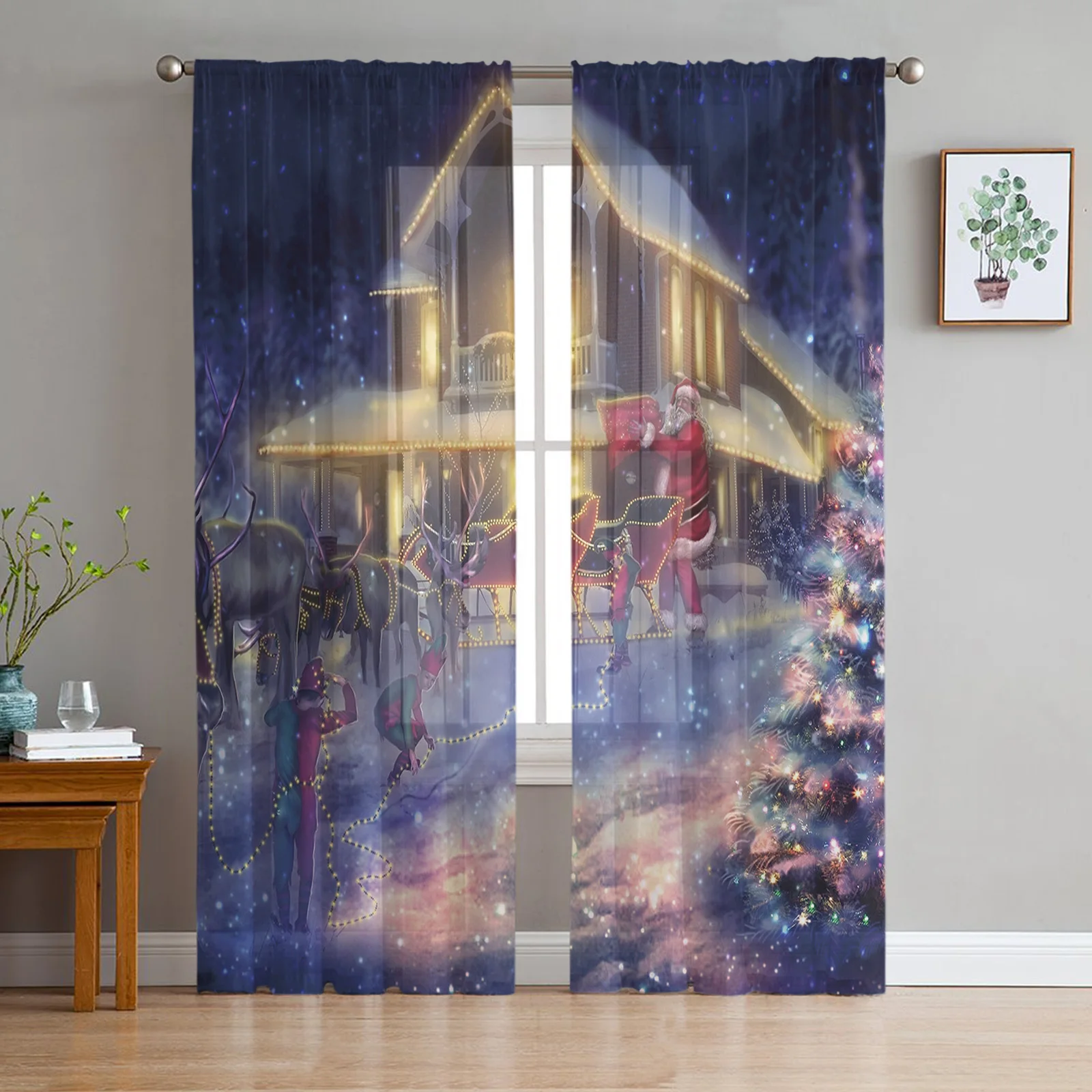 

Рождественский Санта и олень тюлевые шторы для украшения гостиной, спальни, прозрачные шторы для комнаты, кухни, окна
