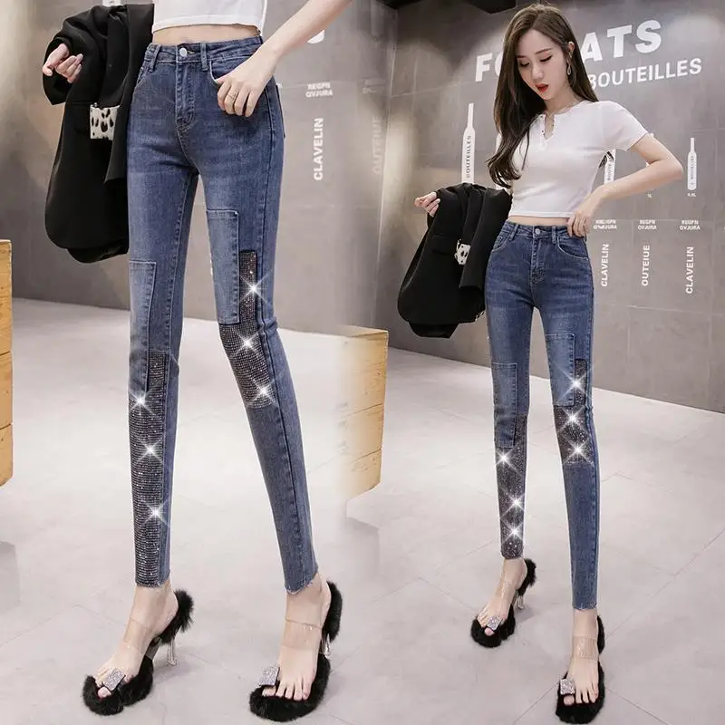 

2021 Демисезонные женские свободные узкие джинсы со стразами, женские джинсовые брюки-карандаш с высокой талией, женские Стрейчевые брюки O229 ...