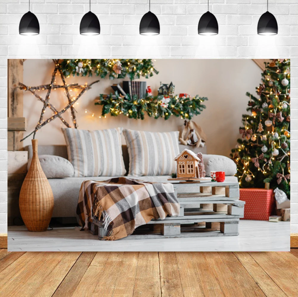 

Laeacco Christmas Winter Photo Background Indoor Tree Sofa Gift Baby Birthday Banner Photographic Photo Backdrop For Photo Studi