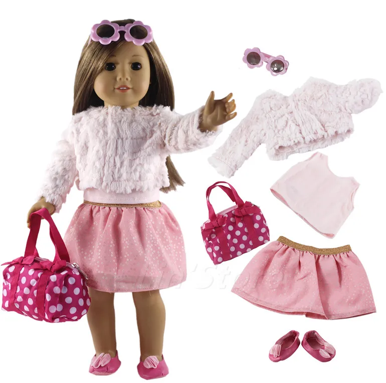 

6 PCS Set Doll Clothes Outfit Coat+vest+skirt+bag+glasses+shoes for 18" inch American Girl Doll Many Style for Choice