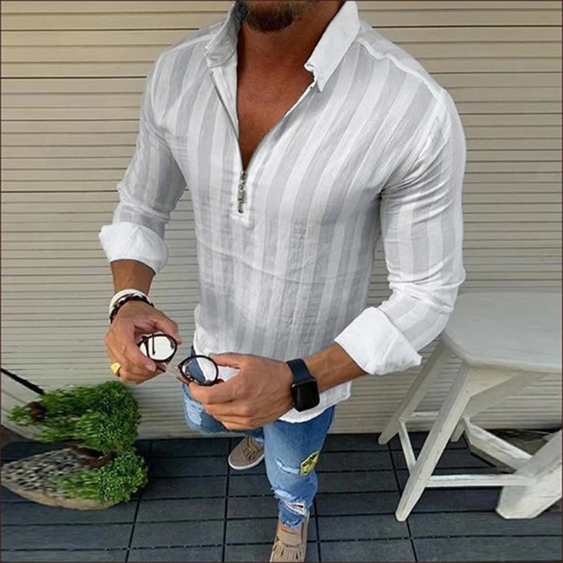 Модная однотонная мужская рубашка на молнии приталенные топы с V-образным