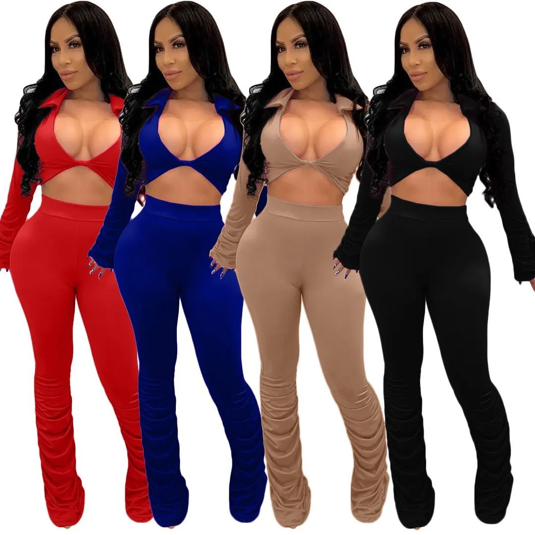 

Fashion deep V piled sleeves solid color long-sleeved pleated pants suit