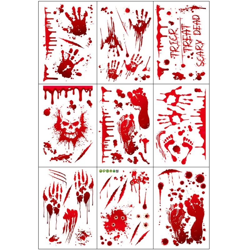 

9 Sheets Happy Halloween Window Stickers Glass Decoration Horror House Blood Hand Feet Party Club Decals