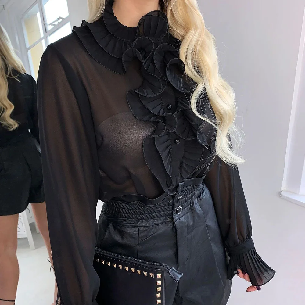 Женский пуловер шифоновая блузка элегантная весна лето модный топ с длинными