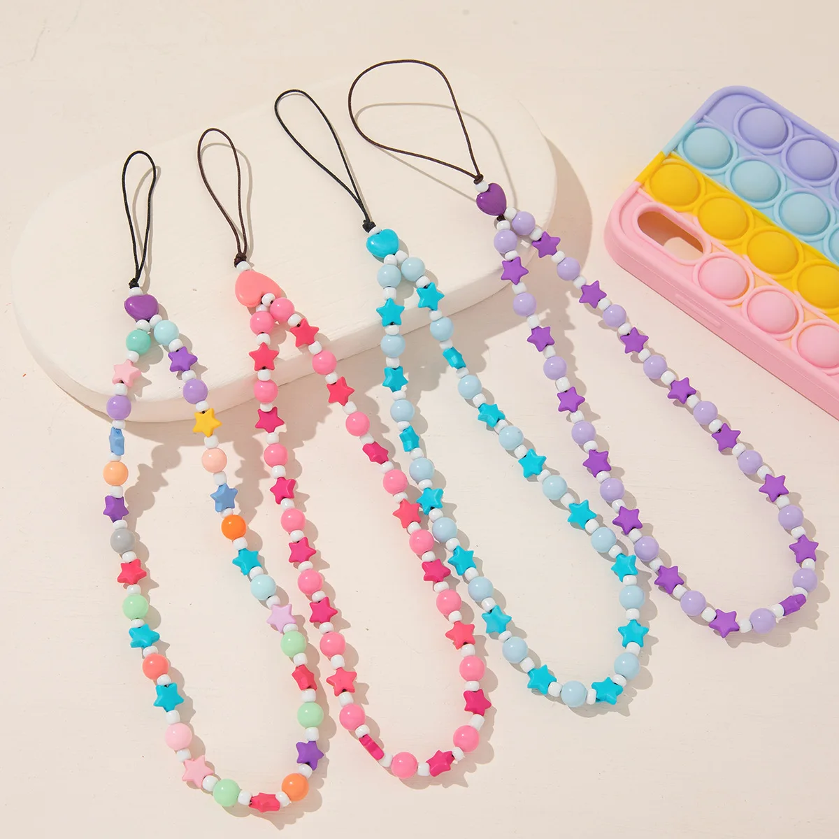 

Fashion And Cute Color Five-Pointed Star Mix And Match Round Rice Beads Mobile Phone Chain Women Anti-Lost Lanyard Jewelry Gifts