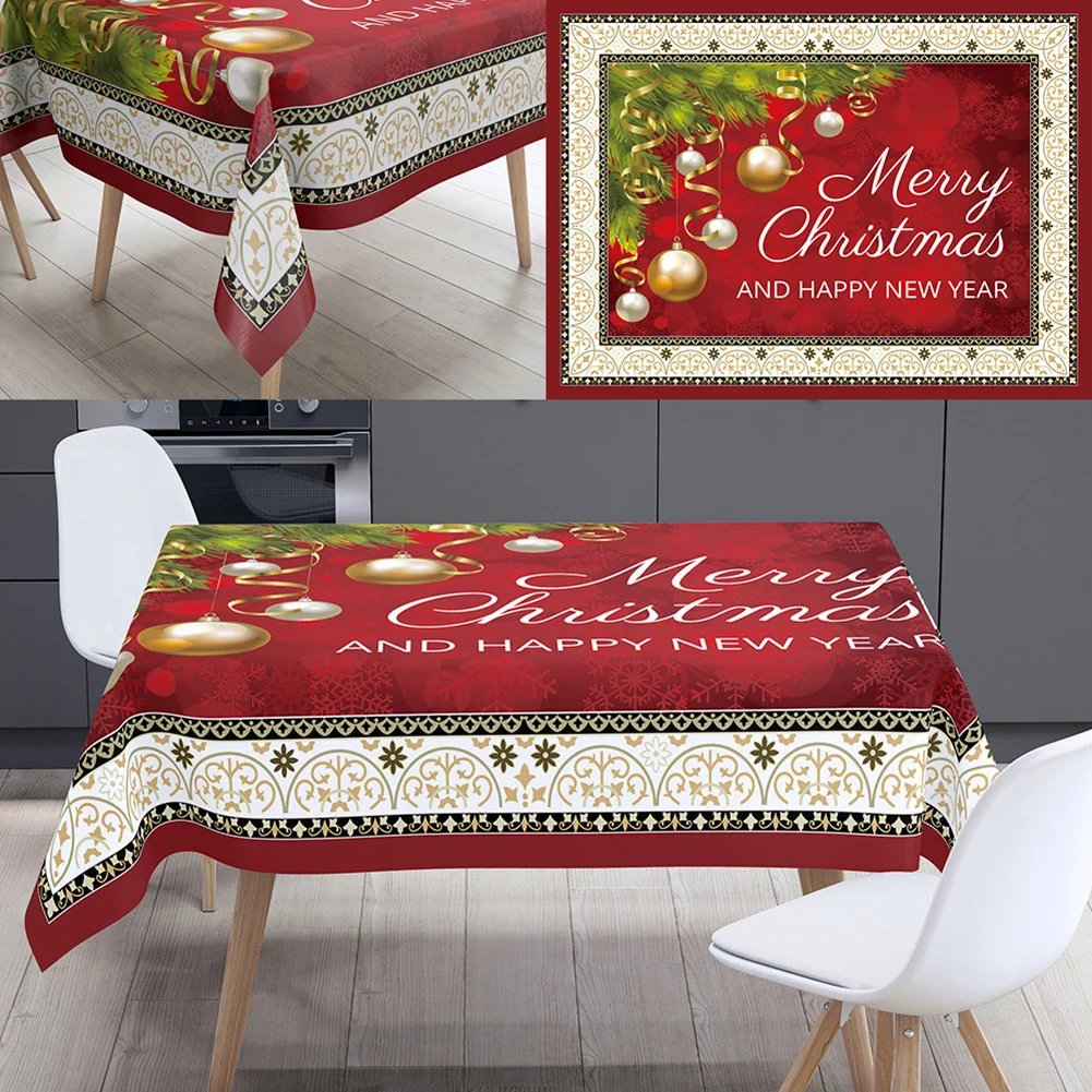 

Classic New Merry Christmas Santa Claus Deer Ornament Ball Pattern Waterproof Linen Table Cover Home Kitchen Decor Tablecloth