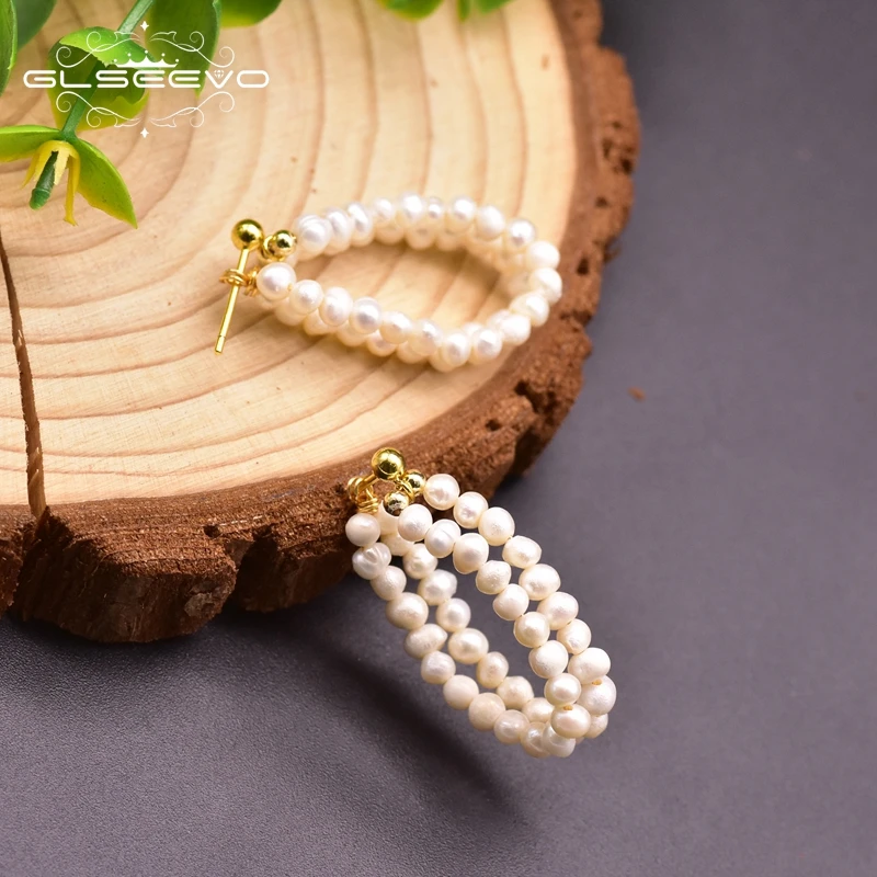 Дизайнерские двухслойные висячие серьги GLSEEVO с пресноводным белым жемчугом