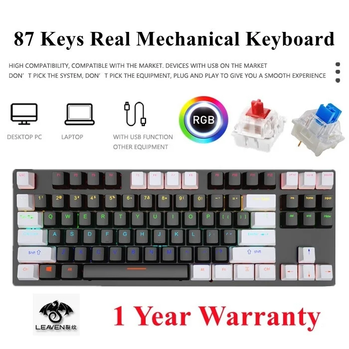 

Разноцветная Механическая игровая клавиатура с RGB-подсветкой, 87 клавиш