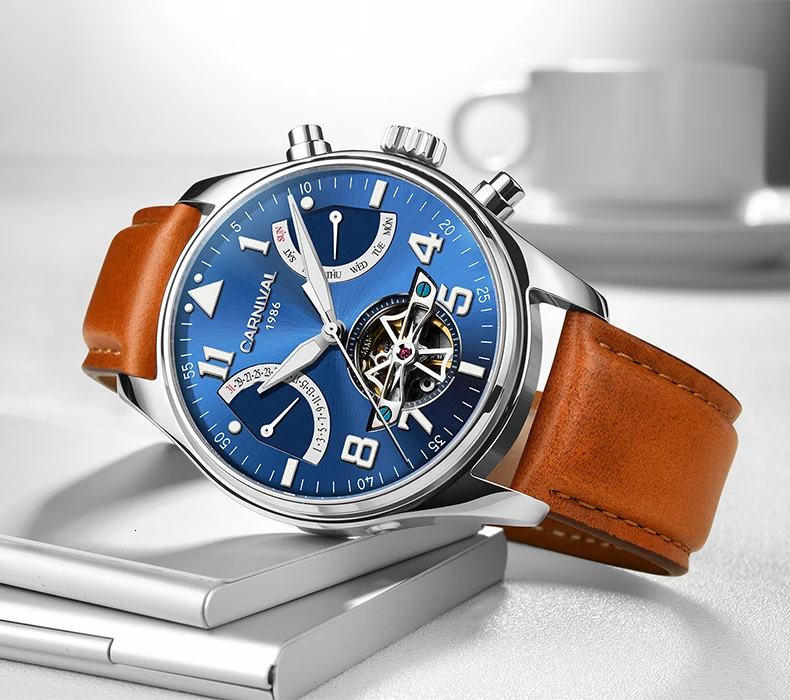 Tourbillon, мужские часы, розовое золото, чехол, синий циферблат, карнавал, автоматические часы, мужские, люксовый бренд, механические часы, Мода