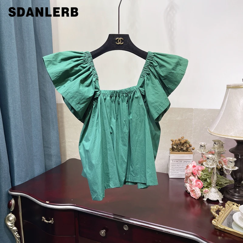 

Свежая рубашка в Корейском стиле, плотная рубашка, Женский Топ с оборками, открытыми плечами и квадратным воротником, свободные летние блуз...