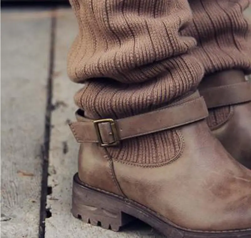 Женские эластичные вязаные ботинки носки до середины икры на Плоском Каблуке