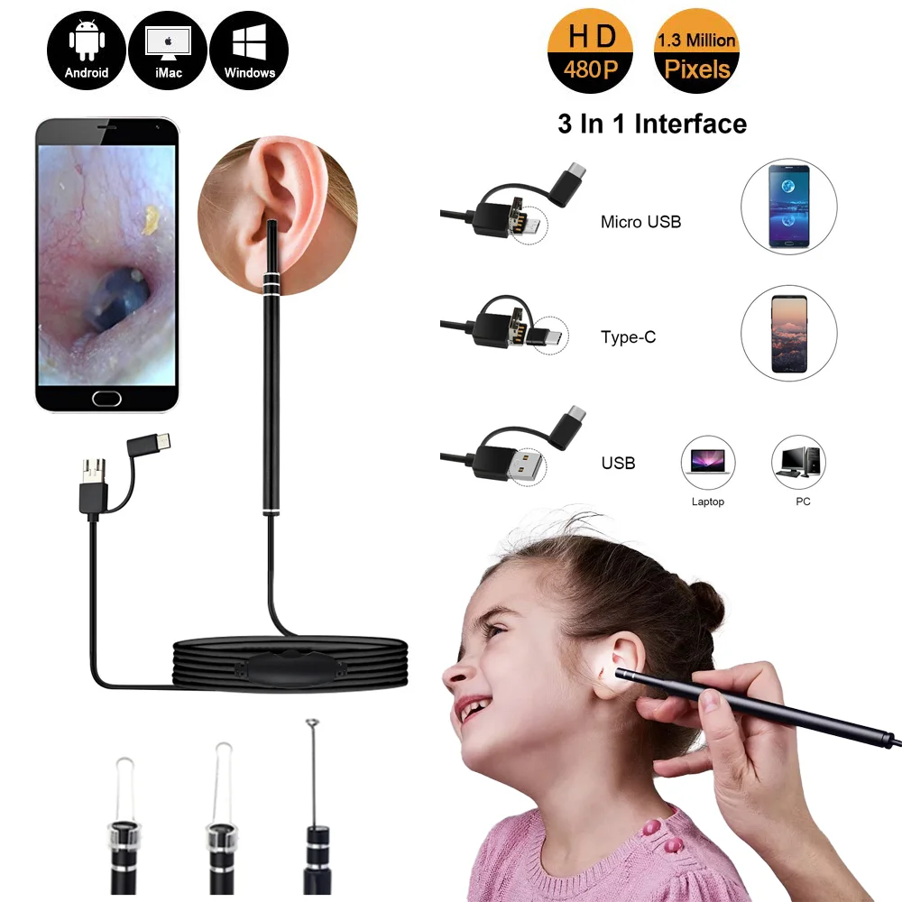 

Medical In Ear cleaner ear endoscope camera Otoscope Spoon mini camera scope Picker Ear cleaning Wax Removal Visual Android PC