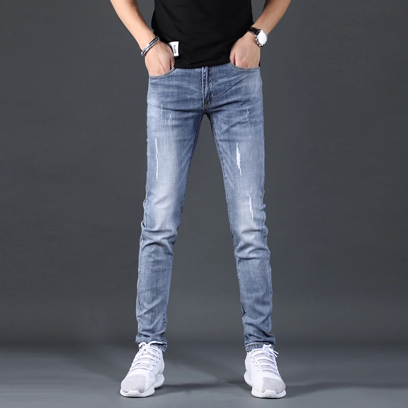Summer Light Blue Jeans Men Casual Slim Fit Pencil Pants Thin Ripped Denim Trousers