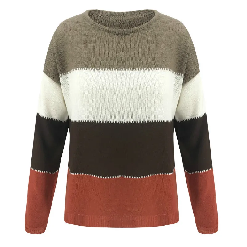 

Women Sweater Jumper Elegant Knitted Striped Long Sleeve O-neck Pullover Tops Streetwear 2021 Autumn New Arrivals