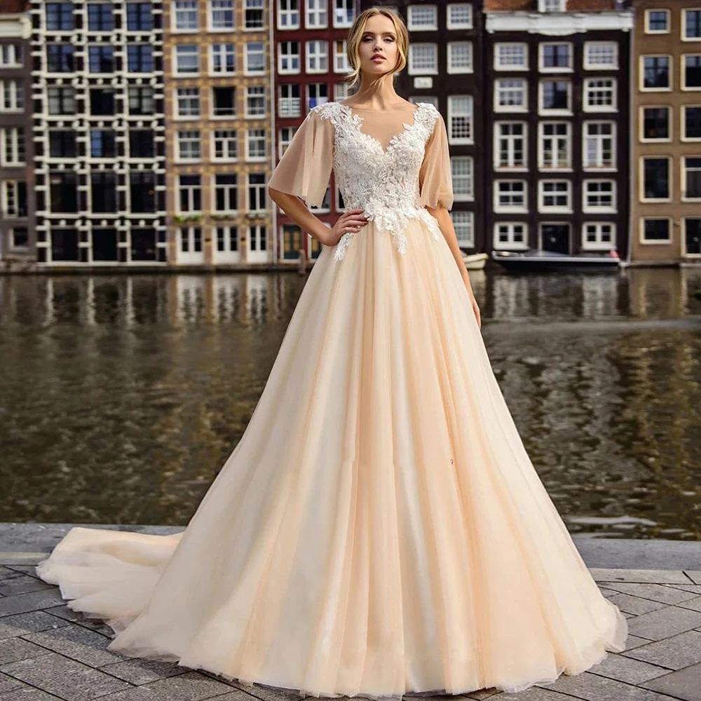 

Flared Sleeves Champagne Tulle Sexy Wedding Dresses 2021 Ivory Appliqued Court Train Bridal Gowns