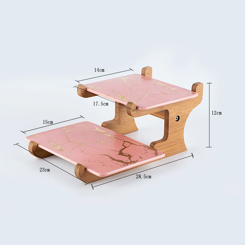 

Marbling Ceramic Cake Rack Afternoon Tea Snack Double Wooden Frame Snack Table Decoration Fruit Plate Dessert Plate