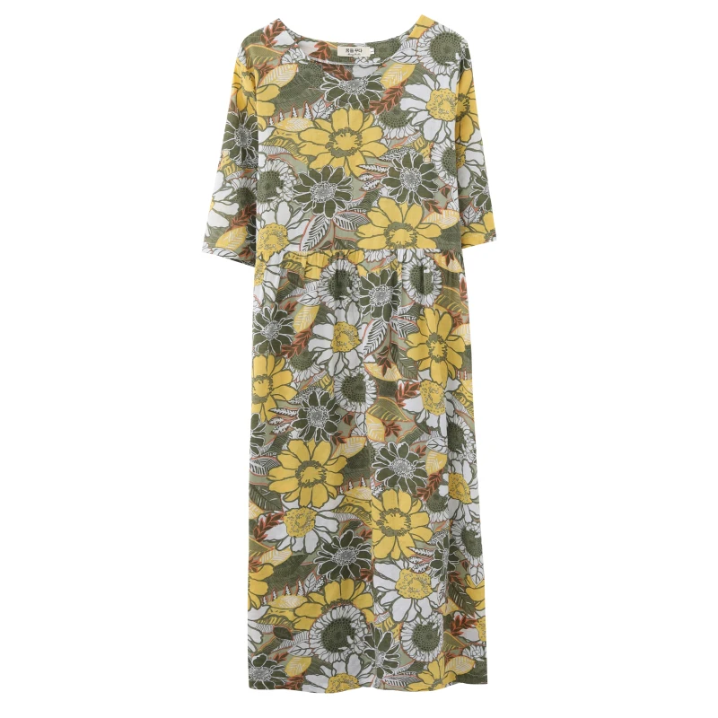 

Artistic Retro Printing Mid-Sleeve Cotton and Linen Dress Summer New Loose Large Size Slim Fit Slimming Mid-Length Dress