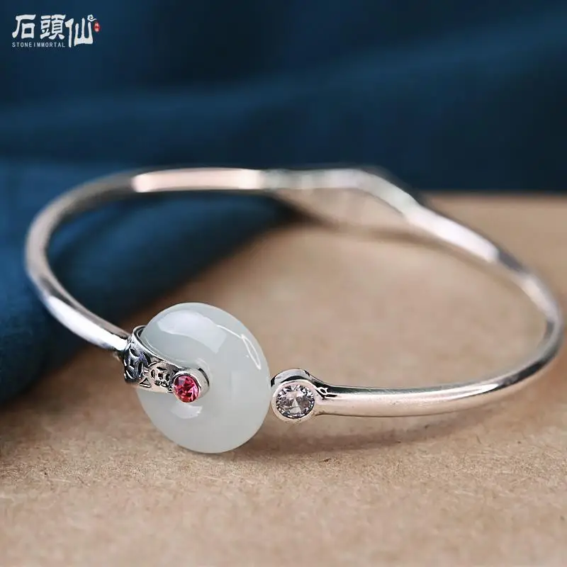 

Silver Bracelet 925 Sterling Silver Natural Hetian Jade Peace Buckle Inlaid Bracelet Retro Simple Temperament Women's Silver Bra