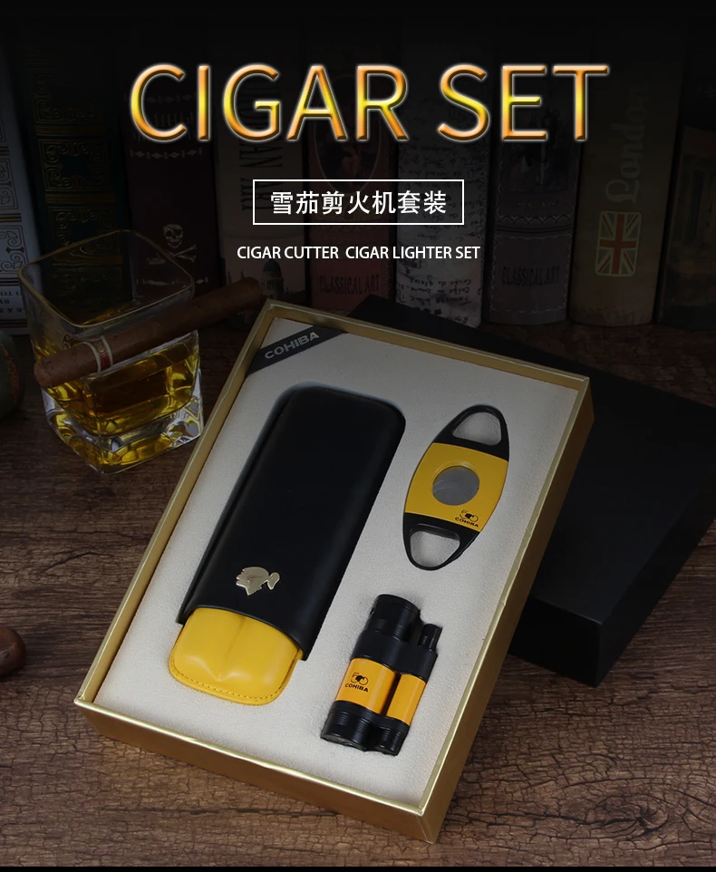 COHIBA из 3х предметов: сигарный набор прикуривателя резак сигары чехол для путешествий 3 фонарь с питанием от прикуривателя с металла по сниженным ценам! Puro резак карман Humiodor