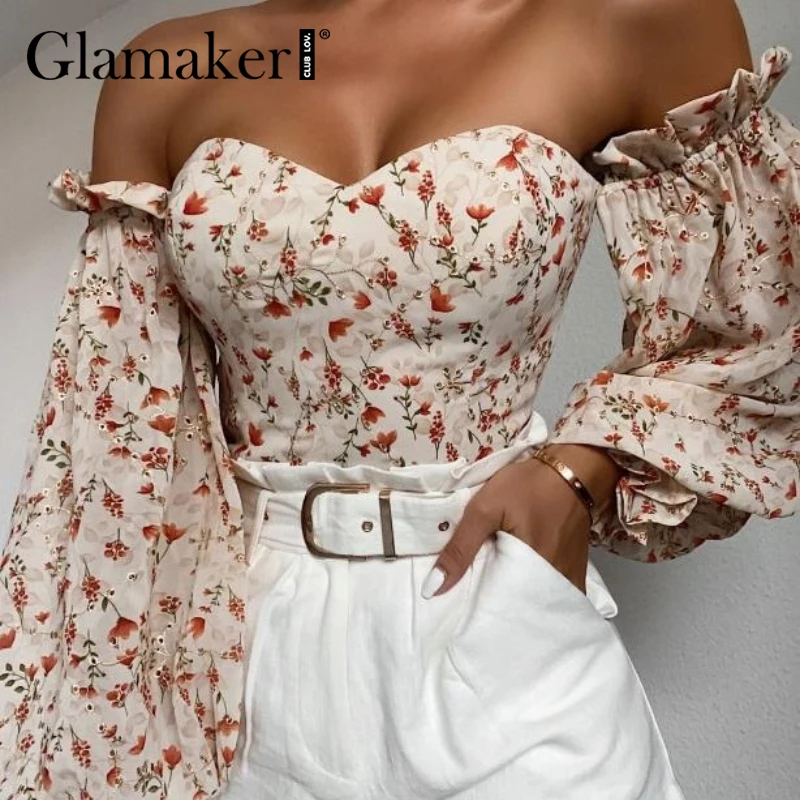 

Glamaker Sexy off shoulder ruffles summer crop top Fashion women holiday beach shirt Vintage leaf printed elegant female blouse