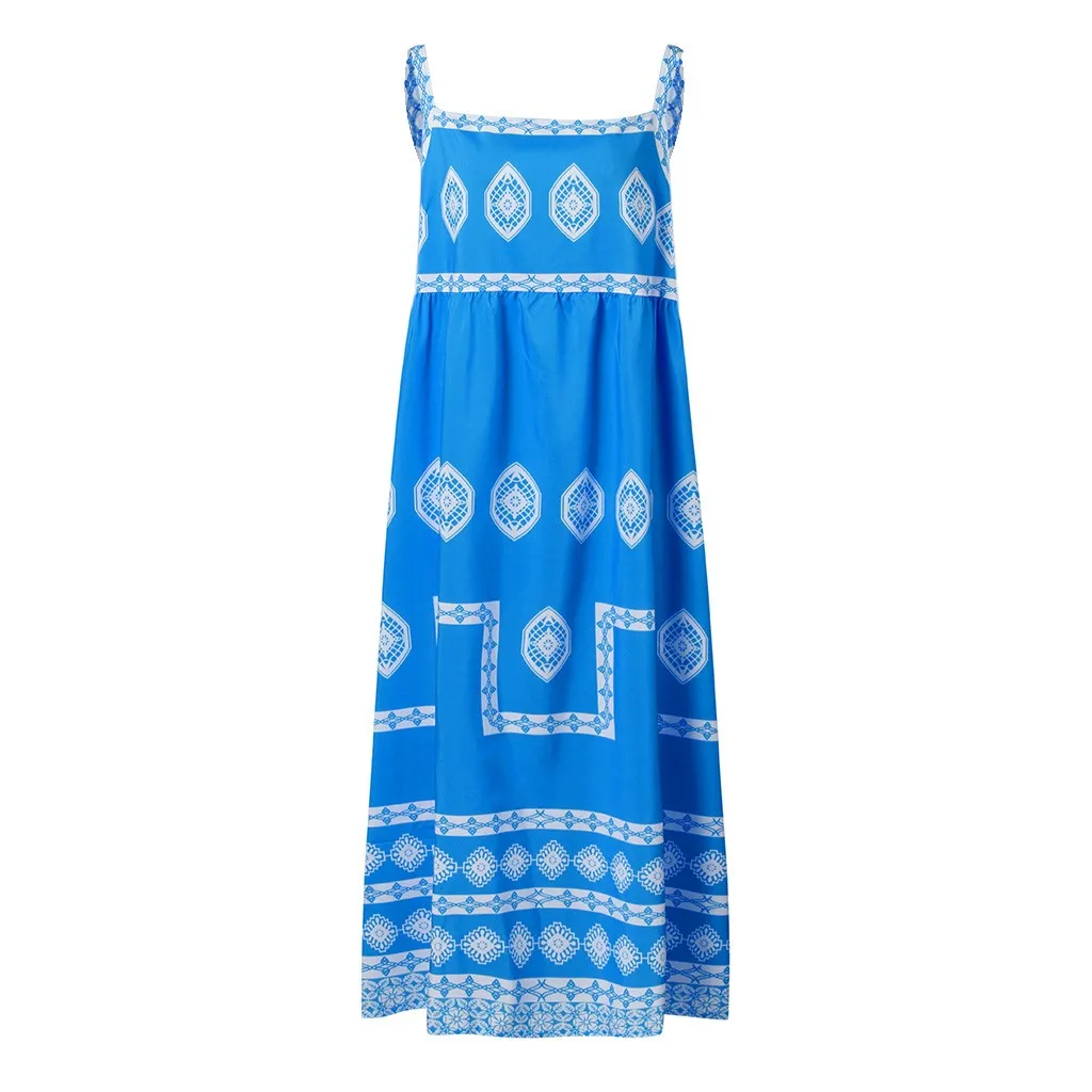 

Sleeveless suspender high waist Bohemian print dress summer beach holiday dress loose swing long women's dress