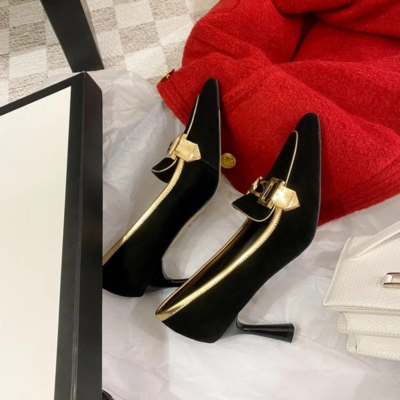 Женские туфли-лодочки из натуральной овечьей кожи на тонком каблуке |