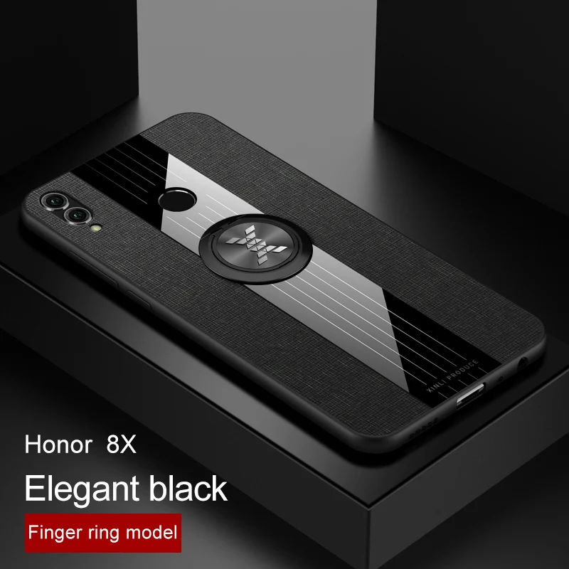 black case and ring Для huawei honor 8X 7X 6X чехол Роскошный Жесткий тканевый с кольцом магнитный штатив тонкий защитный чехол для huawei honor 8X max honor 7x - Цвет: black case and ring