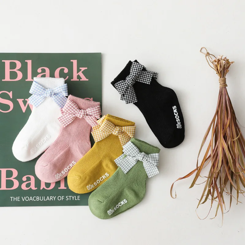 Calcetines tobilleros con lazos para ni&ntilde;as peque&ntilde;as, de algod&oacute;n suave, antideslizantes, Color caramelo, novedad-2