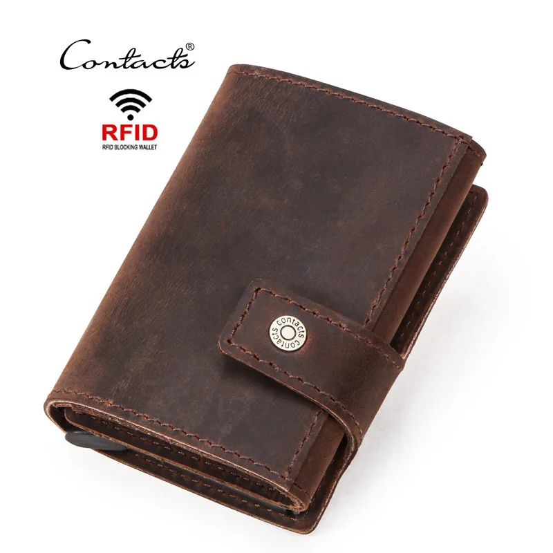 CONTACT' Men Wallet Crazy Horse Leather RFID Credit Card Holder Business Case Aluminium Box Fashion Wallets Male Purse | Багаж и сумки