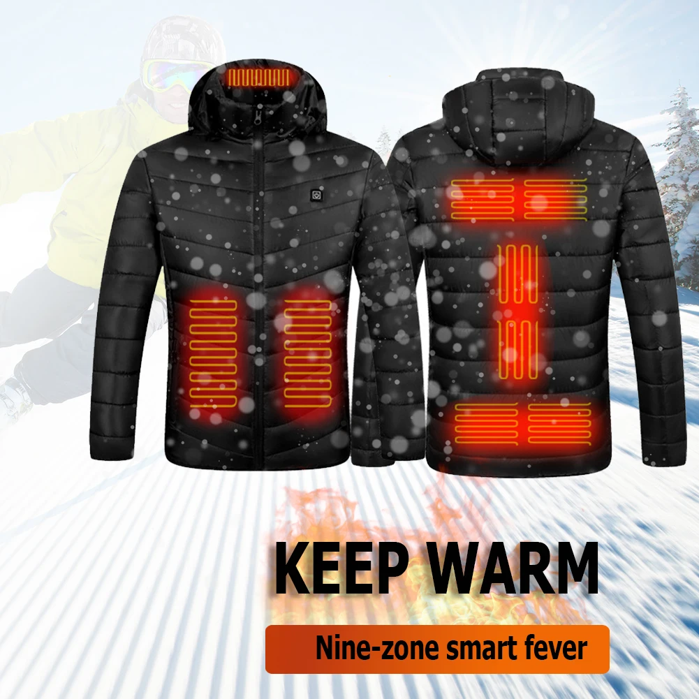

Куртка с электроподогревом для мужчин и женщин, теплая зимняя хлопковая одежда для улицы, с USB-зарядкой и подогревом в 9 черных местах, для ры...