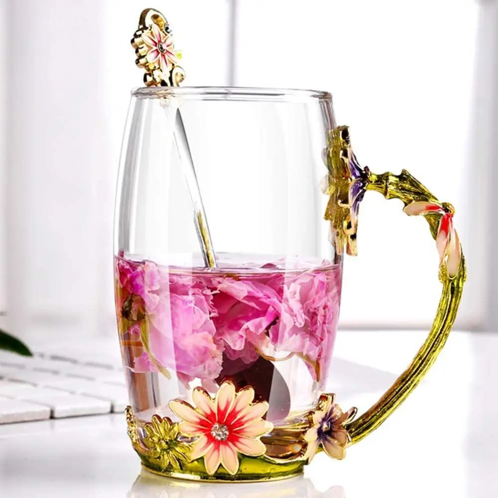 Стеклянная Кружка 350 мл с эмалью и цветами кофейная кружка чайная чашка ложкой