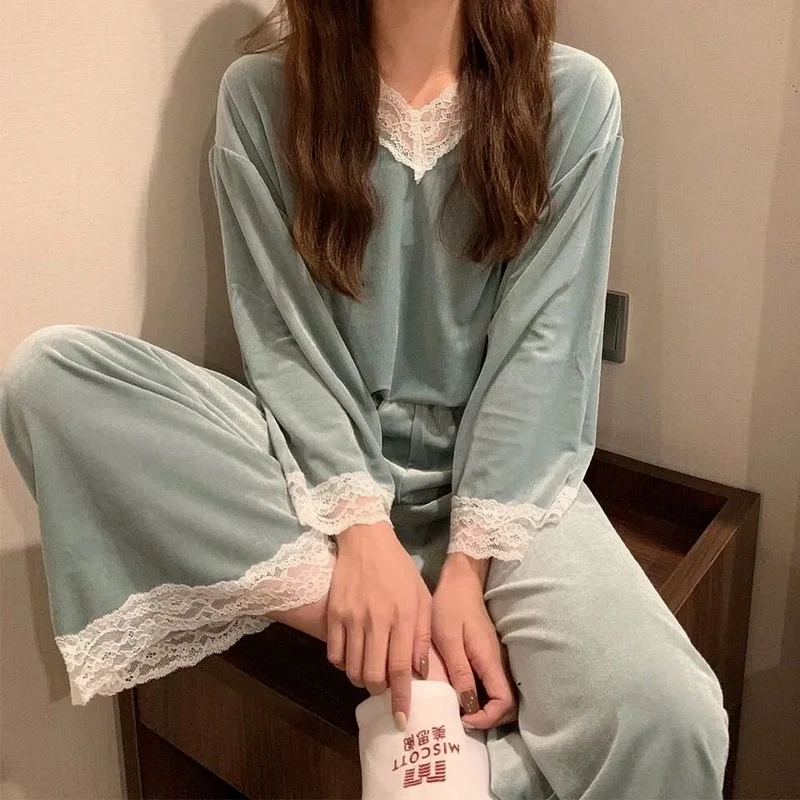 QWEEK Autumn Winter New Long Sleeve Pajamas Pj Sets for Women Purple Blue Solid Color Lace Pijamas Silky and Warm Home Clothes