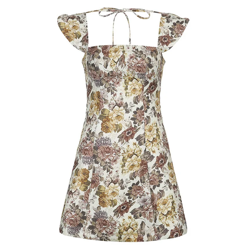 

Autumn Fashion Cute Slim Print Florals Contrast Color SML Short Sleeve Square Neck Lace-up Woman Casual A-line Dress Lady Dress