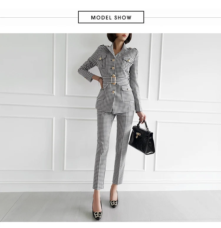 Новинка, деловой женский костюм и брюки, офисный женский костюм из 2 частей, облегающий клетчатый блейзер с длинным рукавом