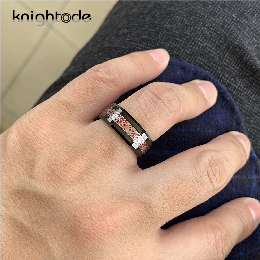 8 мм черное вольфрамовое кольцо из нержавеющей стали с инкрустацией дракона для