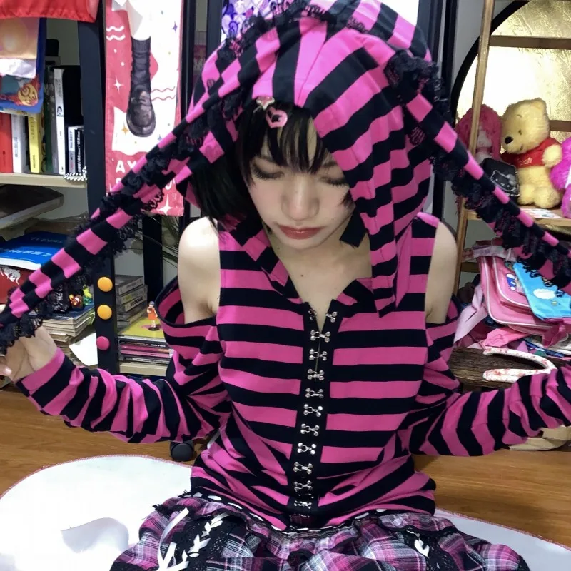 Pink Black Striped Hoodie 2022 Harajuku Hot Girl Pink T-shirts Japanese Sweet Print Long Sleeve Women Ears Hooded Gothic Punk