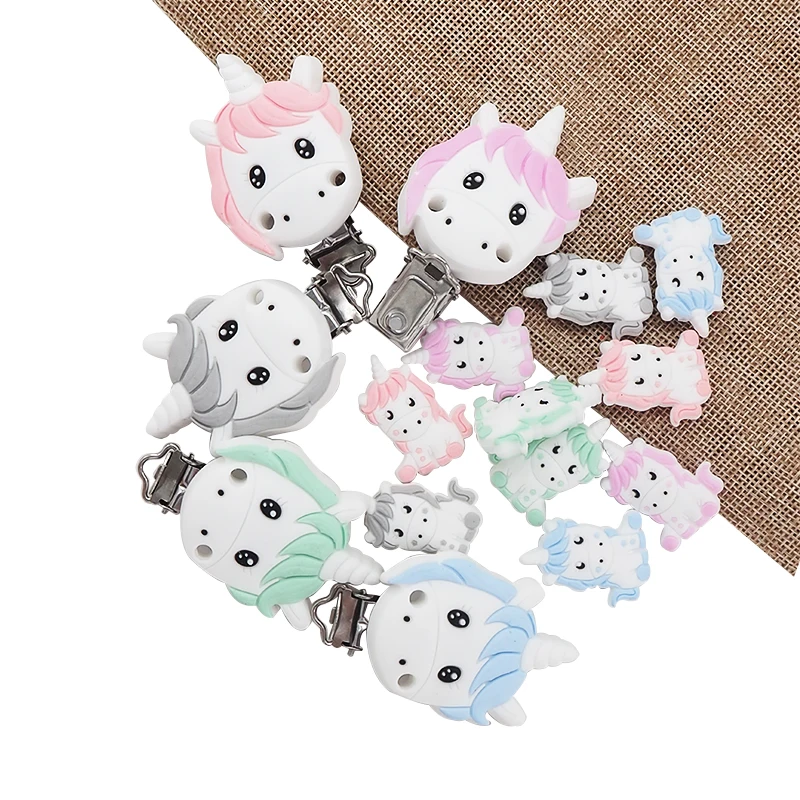 Chenkai 50PCS BPA Free DIY Silicone Unicorn Teether Clip Baby Animal Pacifier Dummy Nursing Soother Sensory Toy Gift Accessories