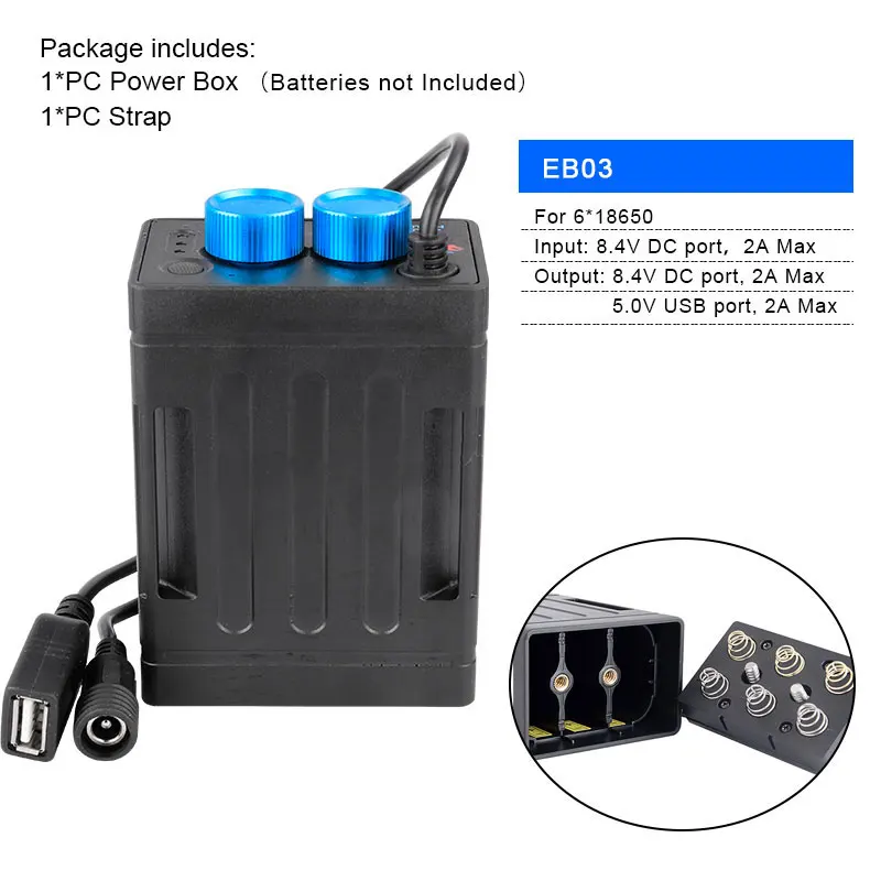 EB03 Комплект велосипедных ламп Батарея коробка 8,4 V 5V двойной Напряжение Выход для 2/4/6 18650/26650 Батарея W/ремень Дополнительный 100-240V адаптер настрящая огонь - Цвет: EB03