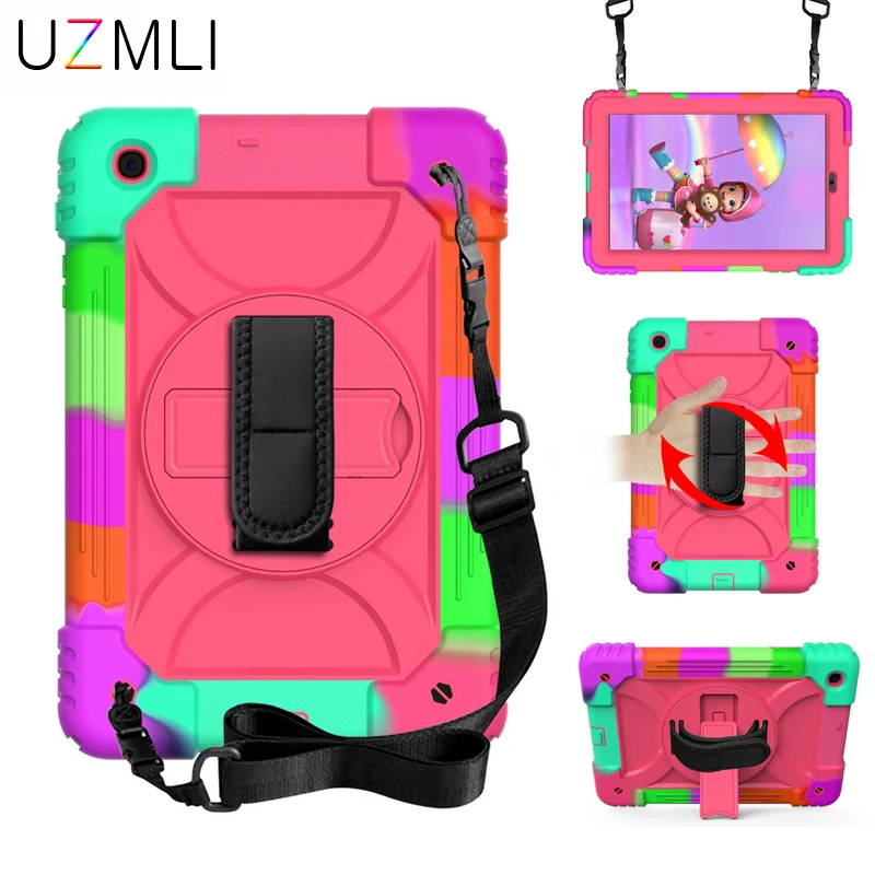 

3 Layers Protection Rainbow Hybrid Case For Samsung Galaxy Tab A 10.1 T515 T510 Kids Armor Shockproof Hand Shoulder Strap Cover