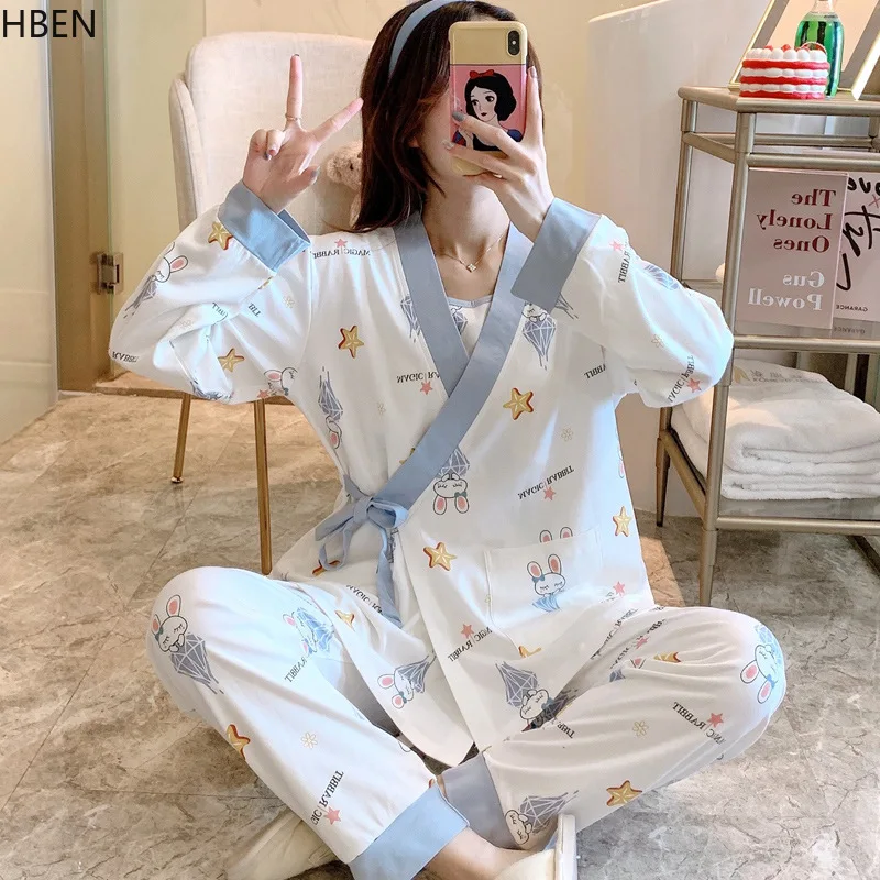 

EA 2021 Spring Fall Sweet Print Cotton Maternity Nursing Homewear Sleepwear Lounge Pregnant Women Pregnancy Jumpsuit Nightwear