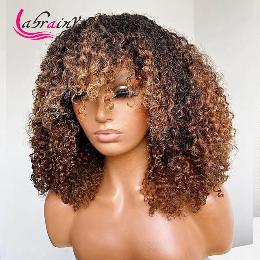 

Kinky Curly Ombre Ginger Bob Full Machine Made Human Hair Wigs Remy Highlight Honey Blonde Yaki Baby Hair Glueless Pixie Bob