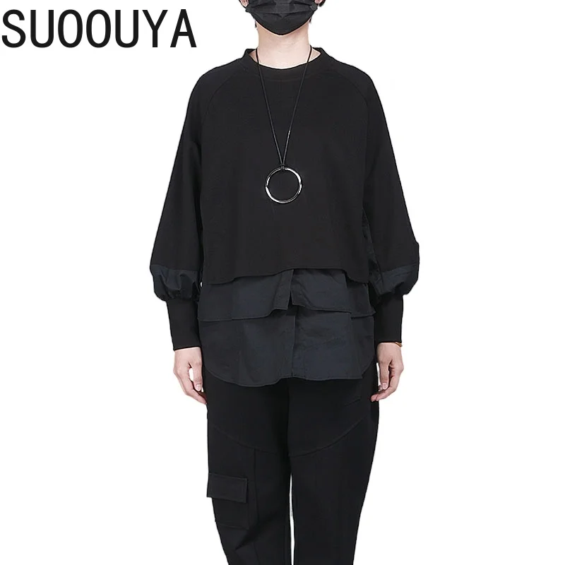 

[SUOOUYA] Women Fit Black Split Joint Big Size Sweatshirt New Round Neck Long Sleeve Loose Big Size Fashion Tide Spring 2021
