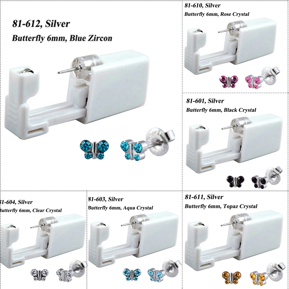 

Одноразовые бесболезненные стерильные ушные прибор для пирсинга, набор бабочек пирсинг серьги-гвоздики, инструмент, встроенные ювелирные ...