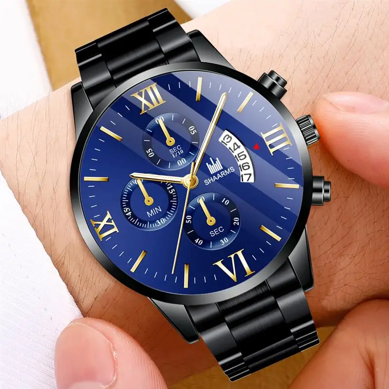 Модные мужские черные часы из нержавеющей стали аналоговые кварцевые роскошные