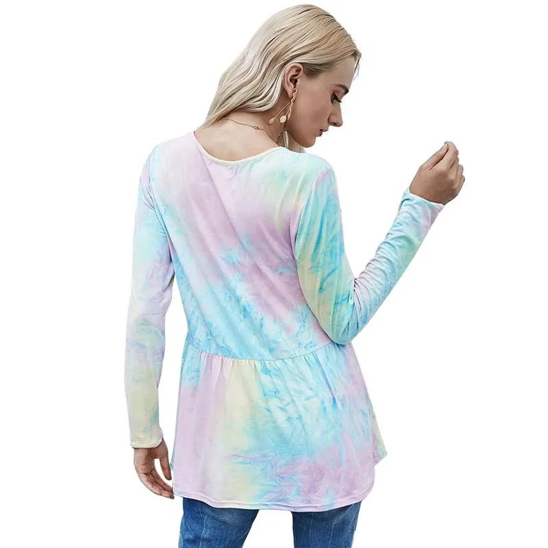 

Sale Autumn Winter Tie Dye Harajuku Long Sleeve T Shirt For Women V-neck Plus Size Fashions T-shirt Tops Vintage Tee Shirt Femme