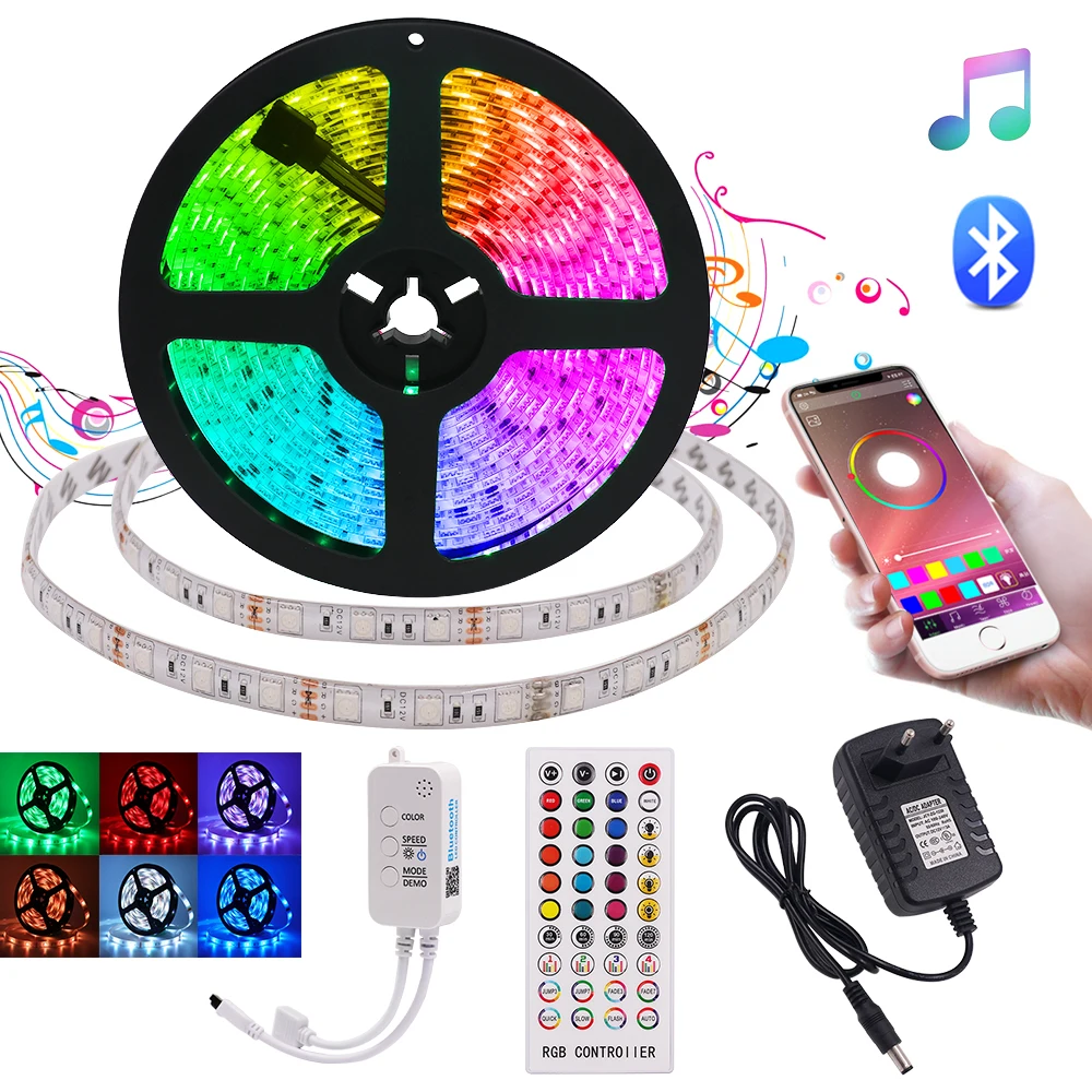 

High Quality Bluetooth RGB LED Strip Light SMD5050 Flexible Ribbon 12V 60LEDs/M Waterproof Diode Tape Bluetooth Music Control 5M